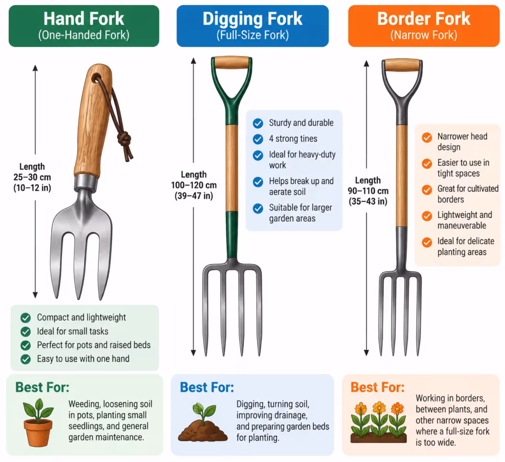 Infographic comparing three types of garden forks: hand fork, digging fork, and border fork, showing their sizes, features, uses, and ideal gardening tasks."