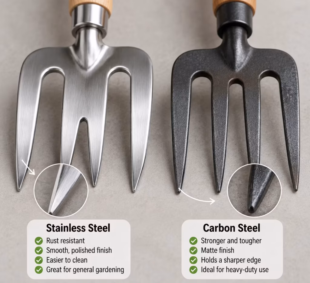 Infographic comparing stainless steel and carbon steel garden fork tines, showing differences in finish, durability, rust resistance, edge sharpness, and gardening uses."