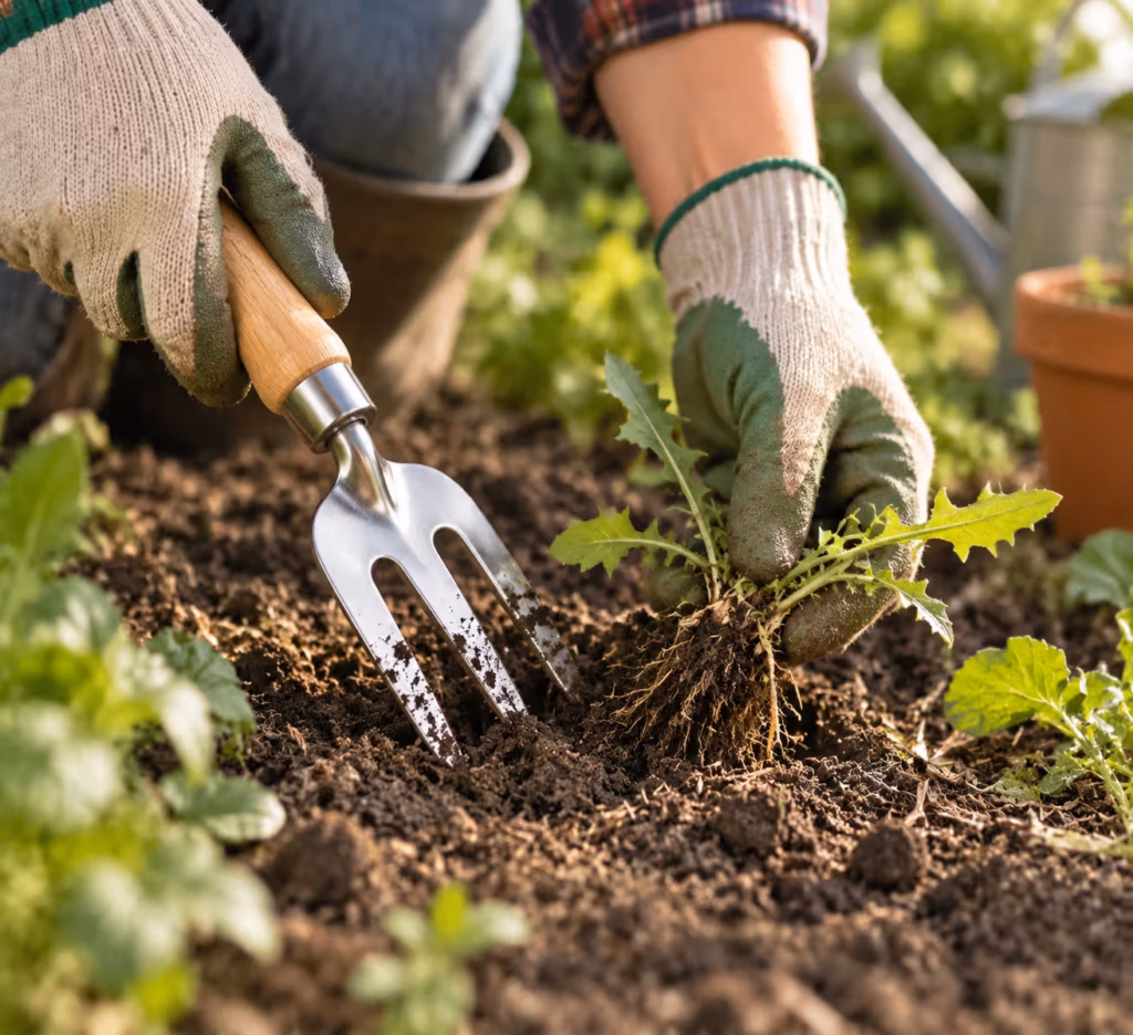 Gardener wearing gloves using a small hand fork to loosen soil while removing a weed with roots from a garden bed."