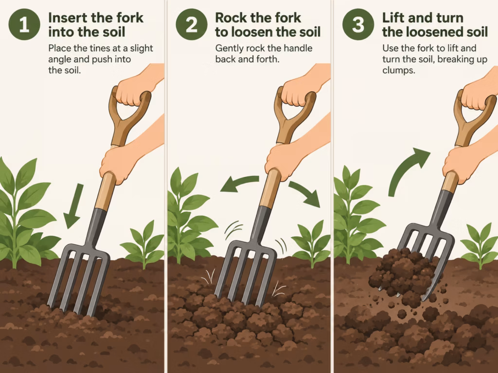 Step-by-step illustration of proper border fork technique for loosening garden soil