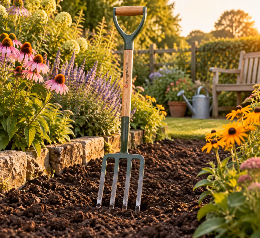 Border fork standing in freshly turned soil in a blooming garden border