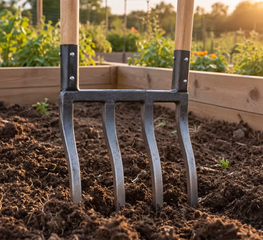 Steel broadfork with two long handles and curved tines standing upright in loosened dark garden soil