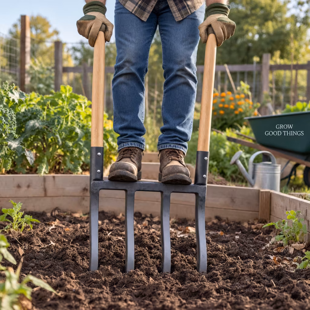 Gardener using a broadfork to loosen soil by standing on the crossbar in a garden bed"