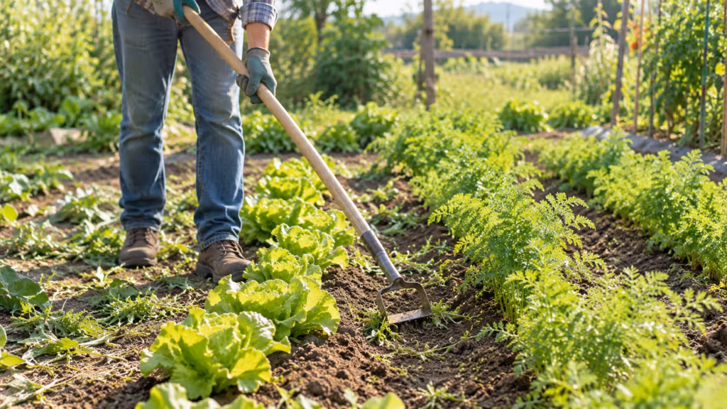 Gardener standing and swinging a stirrup hoe with a loop-shaped blade back and forth between rows of young vegetables