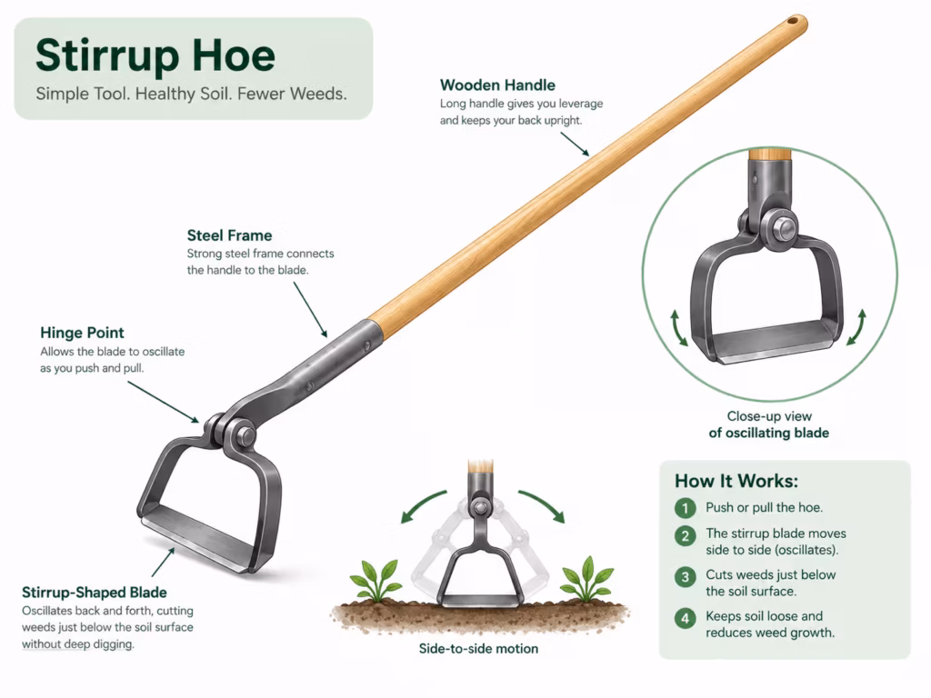 Illustration of a stirrup hoe with labels pointing to the oscillating blade, hinge, steel frame and wooden handle