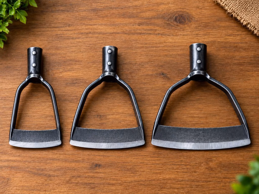 Three stirrup hoe blades of different widths laid out to compare narrow, medium and wide sizes