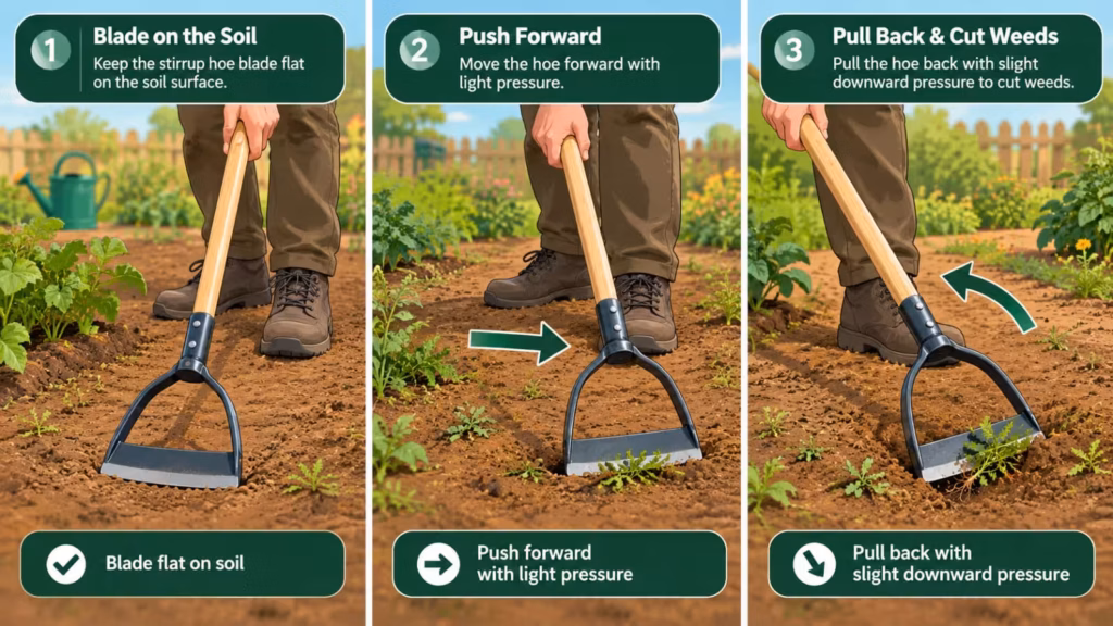 Step-by-step illustration of a gardener pushing and pulling a stirrup hoe to cut weeds on both strokes