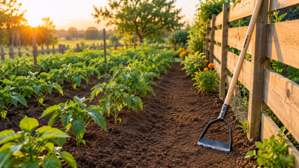 Clean weed-free vegetable row with loose soil and a stirrup hoe leaning against a garden fence