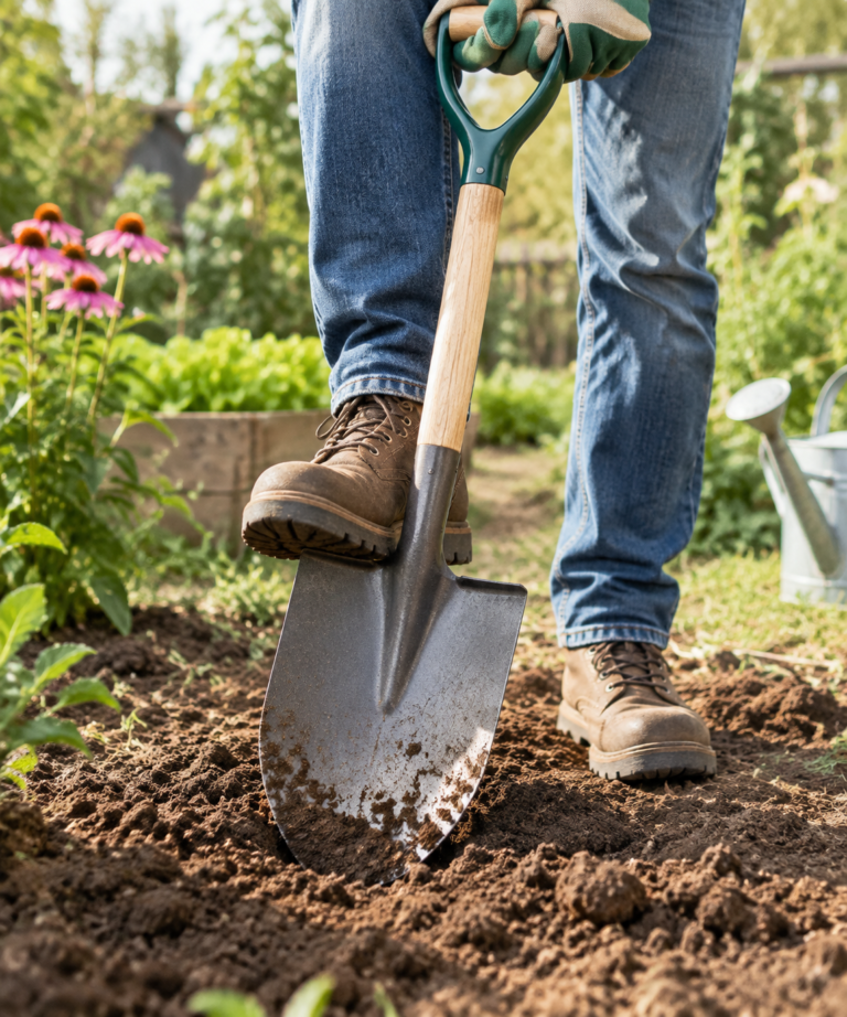 Garden shovel with pointed steel blade and long wooden handle standing in a mound of dark garden soil