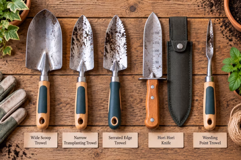 Hand trowel with scooped steel blade and wooden handle digging in dark garden soil beside a small seedling