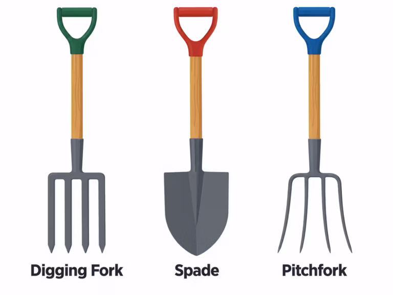 Digging fork with four steel tines and a wooden handle pushed into dark turned soil in a vegetable garden bed