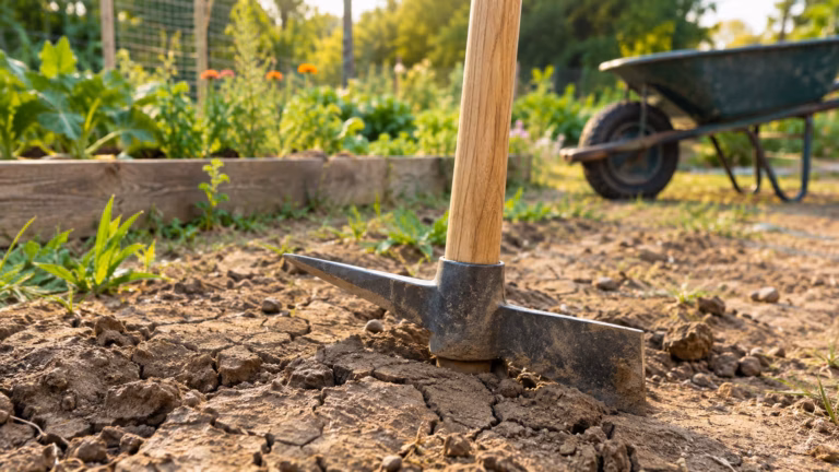 Broadfork with long steel tines and two wooden handles pushed into dark soil in a vegetable garden bed