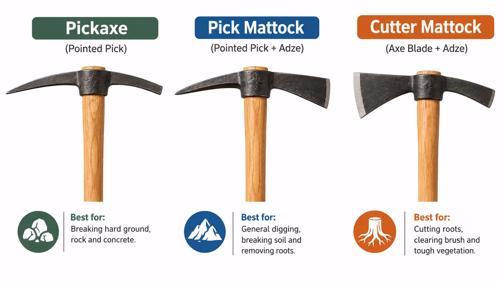 Three tool heads side by side showing a standard pickaxe with two pointed ends, a pick mattock with a spike and adze, and a cutter mattock with an axe blade and adze