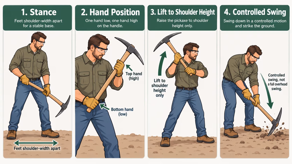 Four-frame illustration of a person using a pickaxe: stance, grip, lift, and controlled downward swing