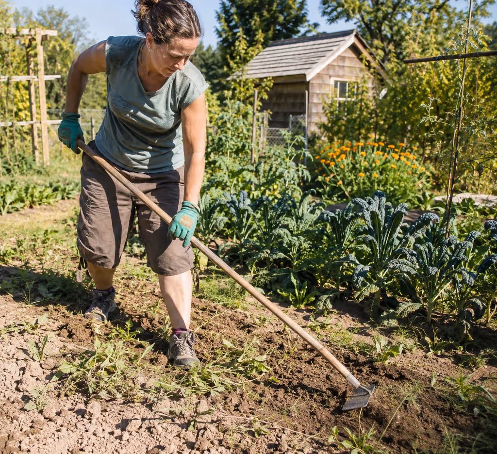 A gardener using a flat garden hoe to chop weeds between rows of vegetables