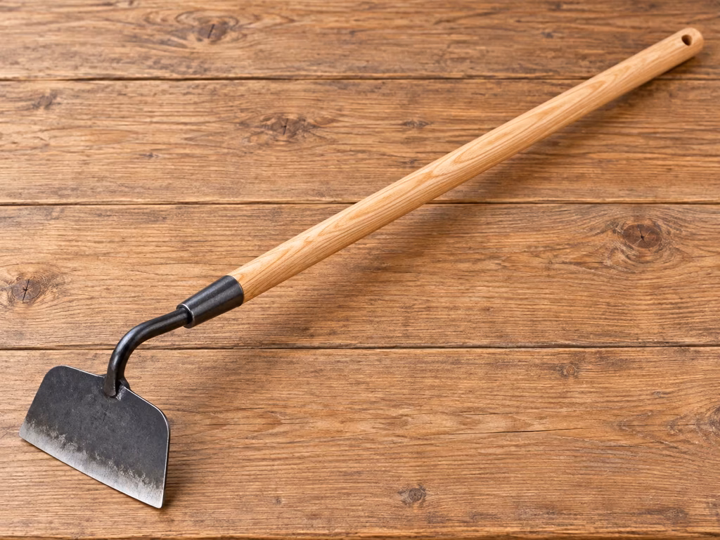Close-up of a garden hoe head and wooden handle isolated against a plain background