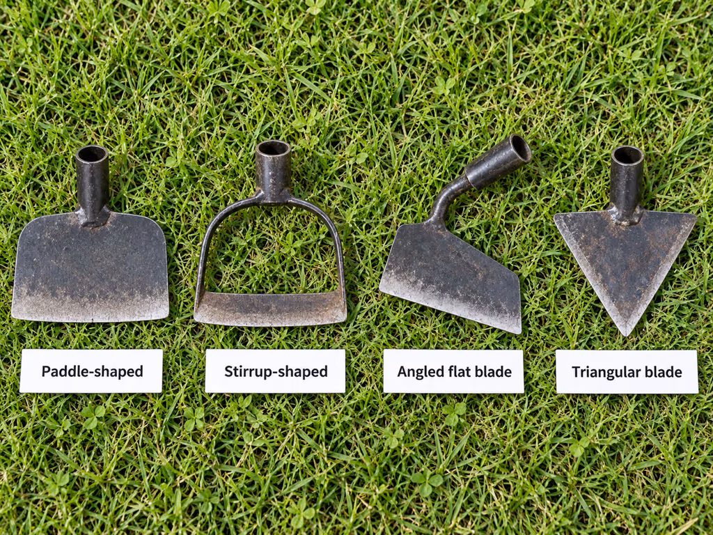Four garden hoe types compared side by side — draw hoe, stirrup hoe, Dutch hoe, and Warren hoe
