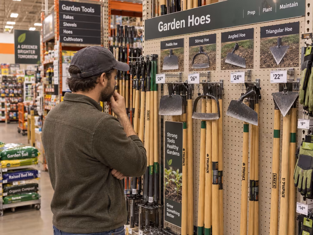 A shopper comparing several garden hoe options on display at a hardware store