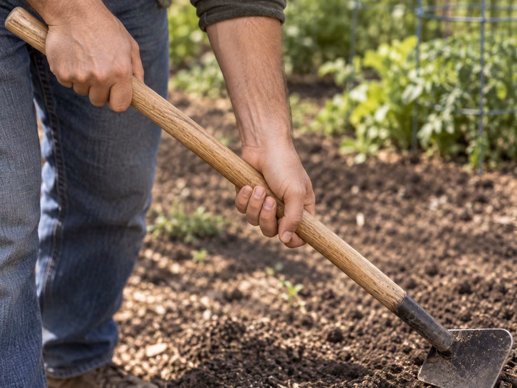 Close-up of hands demonstrating the correct two-handed grip on a garden hoe handle AI image prompt: