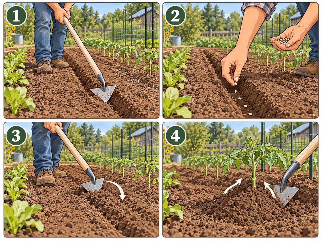 Step-by-step sequence of using a Warren hoe to furrow, plant, backfill, and hill soil