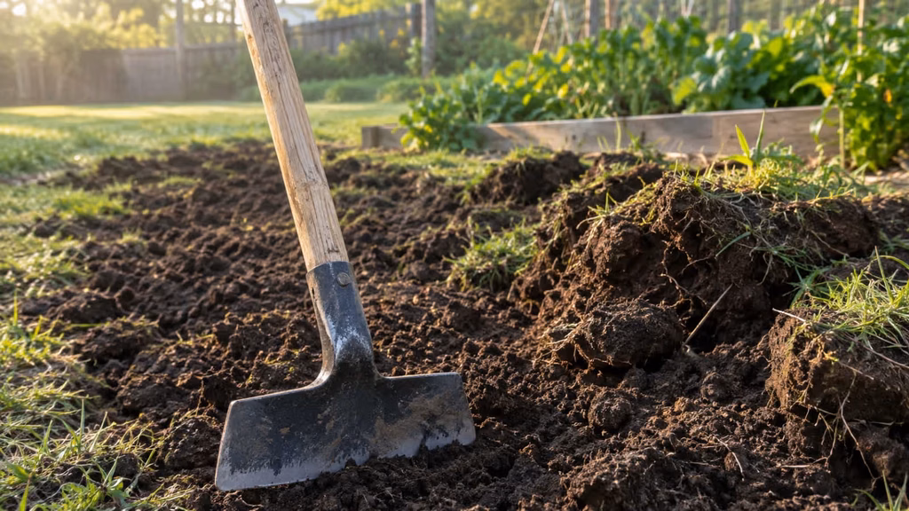 Grub hoe with a steel blade and long wooden handle leaning against a freshly broken patch of dark garden soil