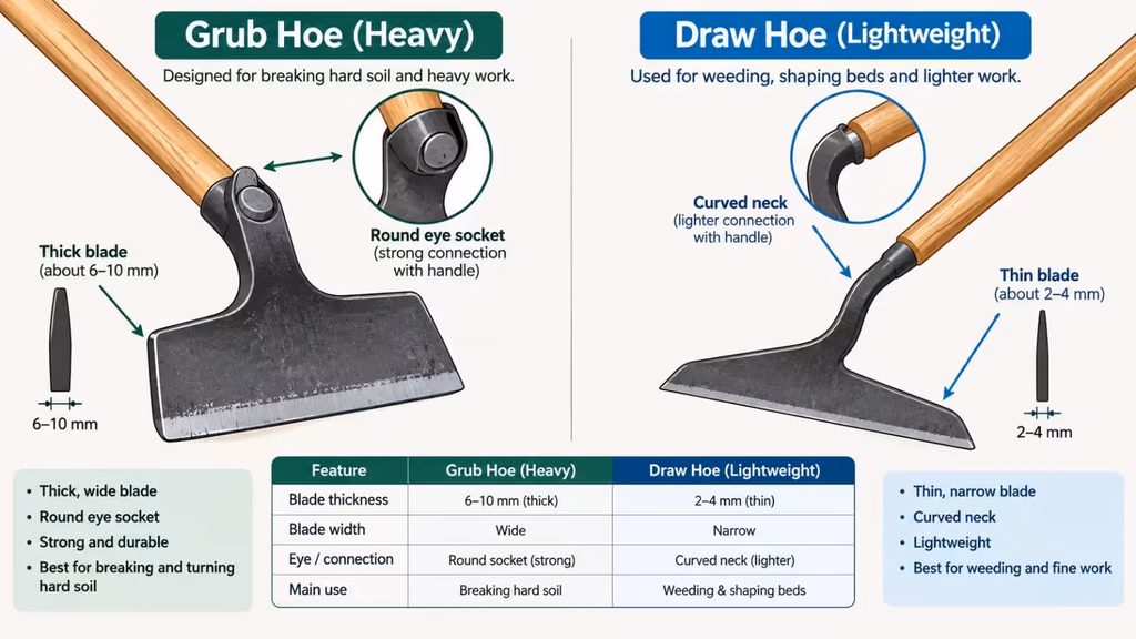 Side-by-side illustration of a heavy grub hoe with a thick blade and eye socket next to a light draw hoe with a curved neck