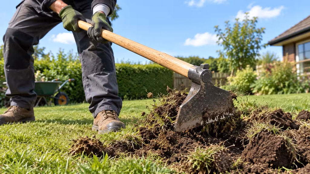 Gardener in gloves and boots using a grub hoe to chop through turf and break soil in a backyard bed