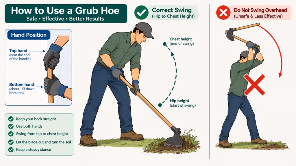 Illustration of a person using a grub hoe with one hand at the end of the handle, the other a third of the way down, and the blade swinging from hip height