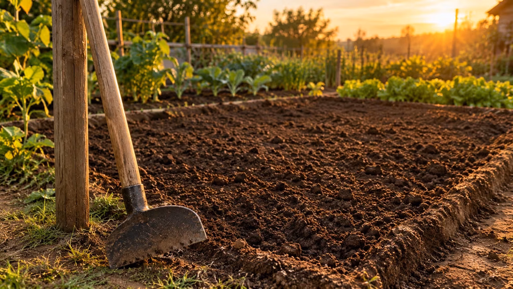 Freshly prepared vegetable bed with dark loose soil and a grub hoe resting beside it in evening light