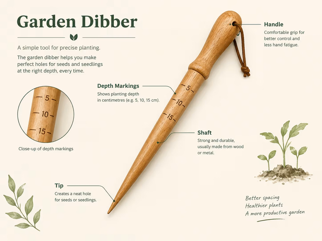 labelled diagram of a dibber showing tip, shaft, depth markings and handle