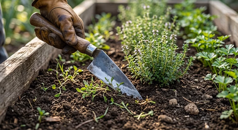 Japanese nejiri gama weeding hoe with a sharp angled blade scraping small weeds beside herbs in a wooden raised bed