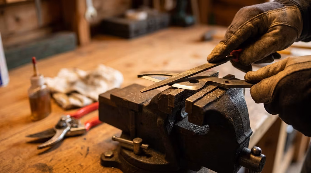 Gardener using a diamond file to sharpen the beveled blade of bypass pruners held in a bench vice