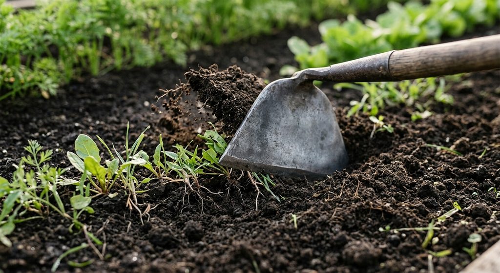 Cross-section style photo showing a hoe blade sliding a half inch below the soil surface to cut weeds at the roots