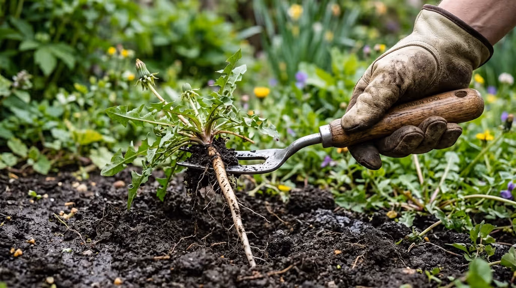 Gardener's gloved hand using a forked hand weeder to lift a dandelion with its whole taproot out of moist garden soil