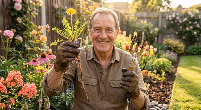 Gardener proudly holding a pulled dandelion with its long root intact next to a hand weeding fork