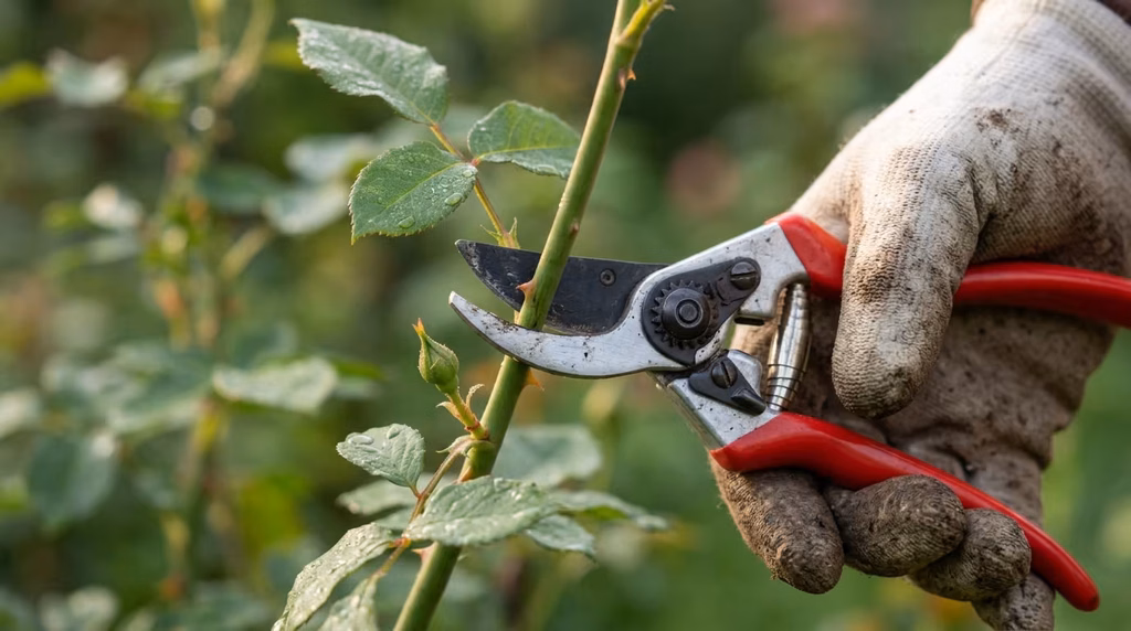 Pruning Shears Gardener using red-handled bypass pruners to cut a rose stem just above a bud