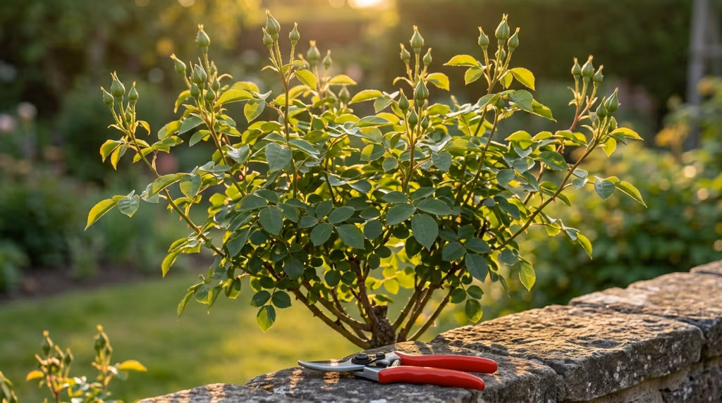 Neatly pruned rose bush with open center and a pair of red-handled pruners resting on a stone garden wall
