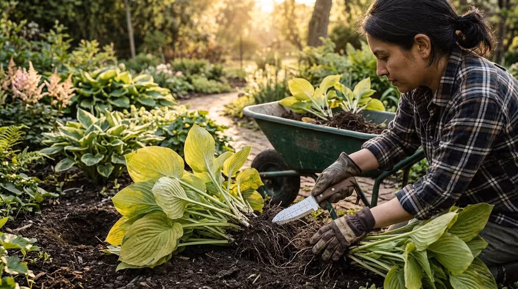 gardener using a soil knife to divide a hosta clump into healthy sections
