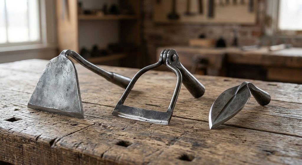 Three hoe heads compared: a triangle head, a stirrup head and a small floral head on a workbench