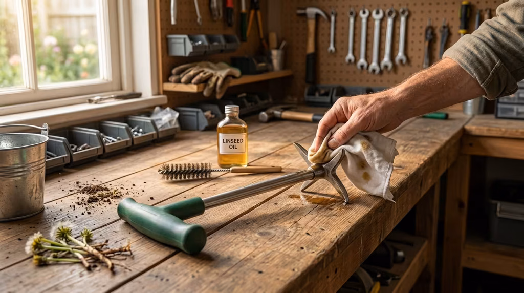Hand wiping oil onto the steel claws of a stand-up puller on a workbench next to a brush and cloth