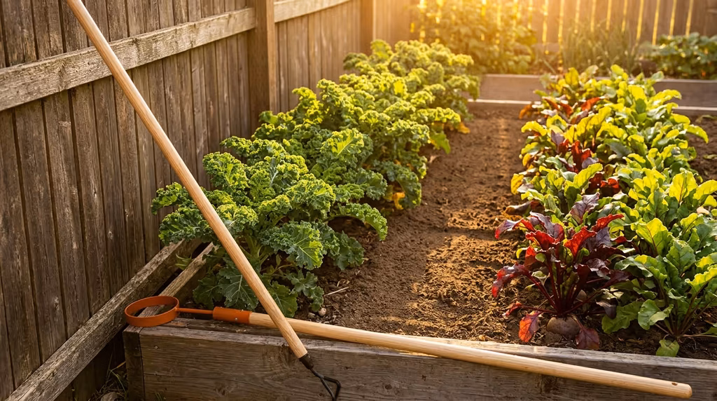 Tidy vegetable bed with bare dark soil between plants and a loop hoe leaning on a wooden fence