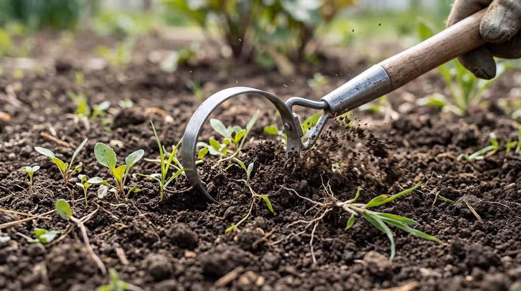 Close-up of a steel hoop blade gliding just below the soil surface and severing small weeds at the roots
