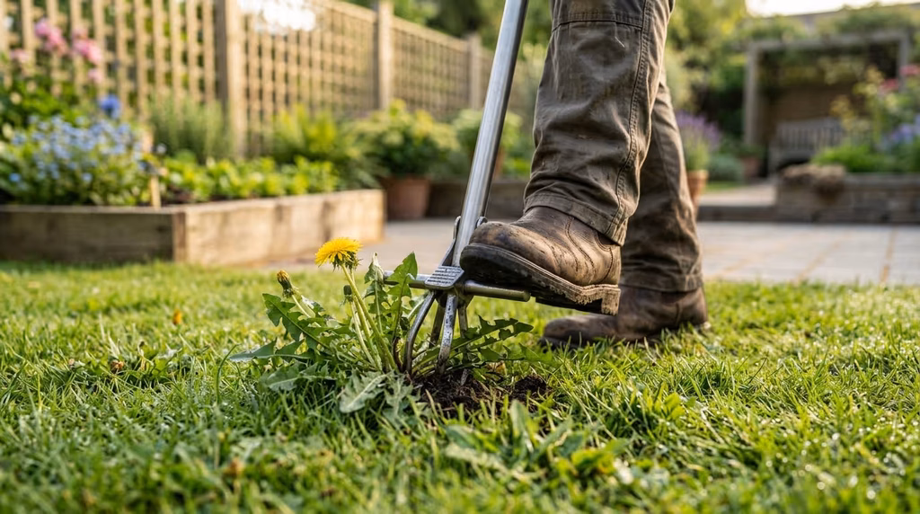Weed Puller Gardener standing upright and pressing a four-claw stand-up puller into a green lawn to lift a weed with its whole root