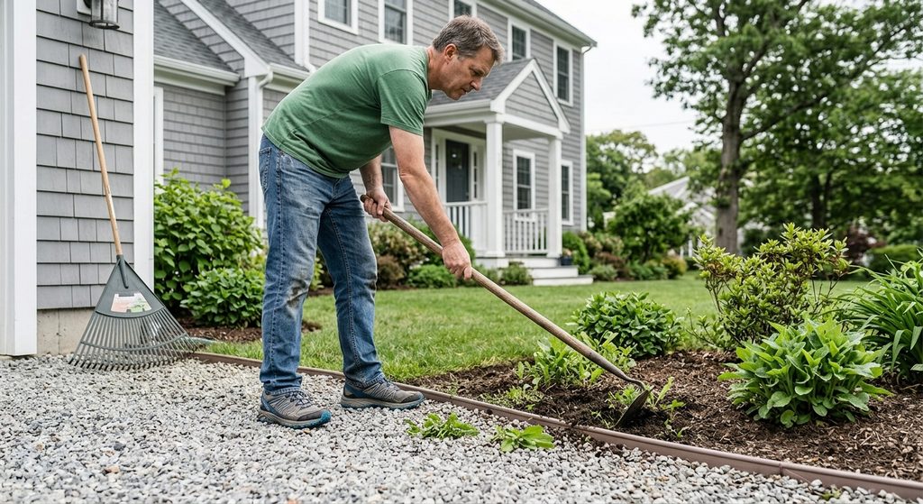 Homeowner using a long-handled hoe to clear green weeds from a gravel driveway edge