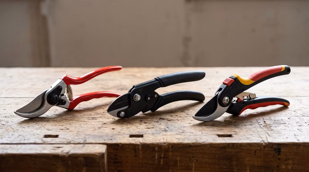 Three pairs of pruners on a wooden workbench: a bypass pair, an anvil pair and a ratcheting pair