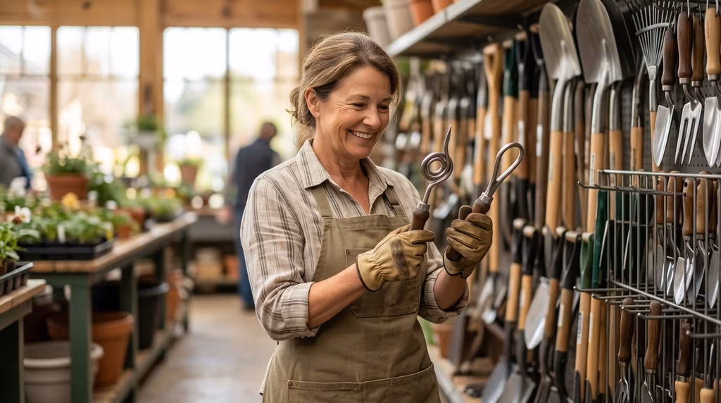 Gardener holding two weeders side by side to compare grip size and steel thickness before buying