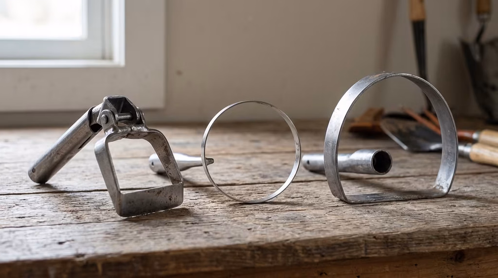 Three hoe heads on a workbench: a pivoting stirrup head, a slim stainless ring and a wide steel hoop