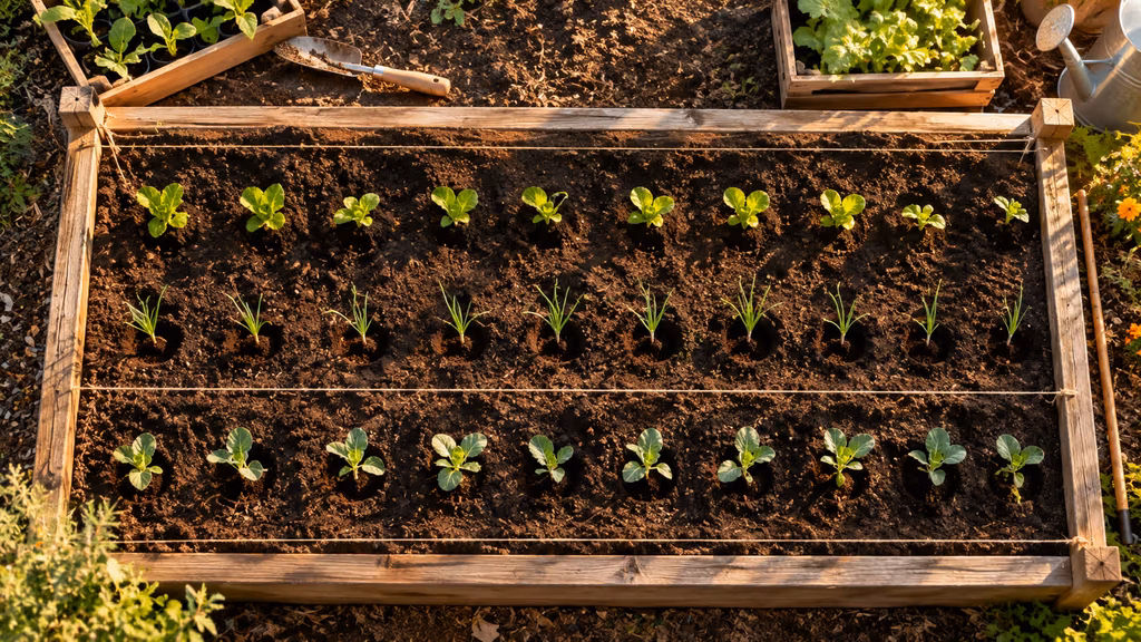 neat rows of freshly planted seedlings with evenly spaced dibbed holes in a raised bed