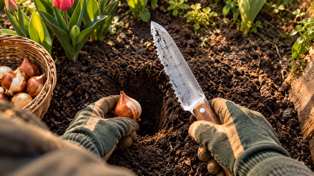 gardener using a hori hori knife to dig a planting hole and check depth markings for a bulb