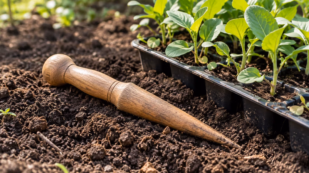 wooden dibber resting on soil next to a tray of seedlings